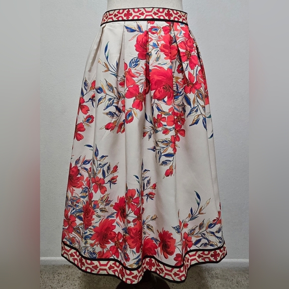Flying Tomato Red Floral A-Line Skirt Geometric Border Boho Small - Picture 7 of 16